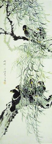国画《柳树八哥》 李子喻作